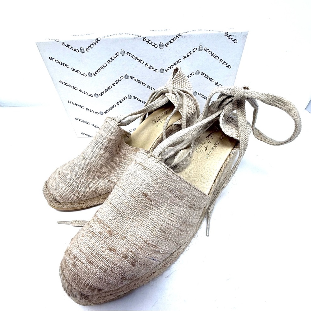 Andre Assous Lennon Espadrille‎ Wedge Sandals 9.5 Woven Luxury Boho Beige Tie